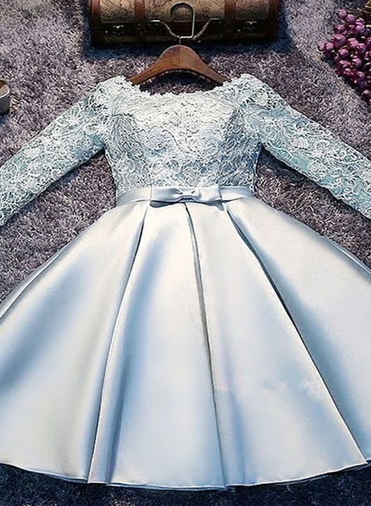 Lainey Light Blue Satin And Lace Long Sleeves Party Dress, Cute Short Graduation Homecoming Dresses homecoming Dress CD8766