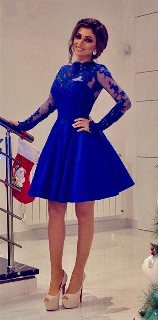 Short Long Sleeves Royal Homecoming Dresses Blue A Line Knee Mckayla Length for Girls CD8897