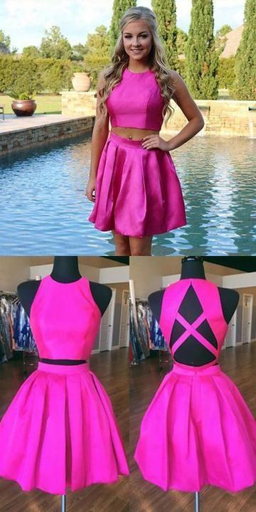 Two Piece A-Line Homecoming Dresses Jewel Open Back Satin Short Yaretzi With Pleats CD9342