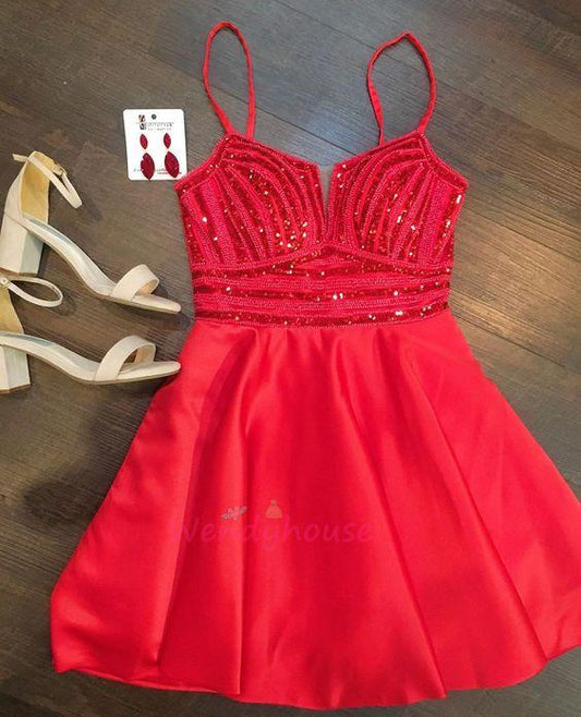 Sexy Red Straps Beaded Short Party Dress, Red Cocktail Dress Homecoming Dresses homecoming Liberty dress CD9365