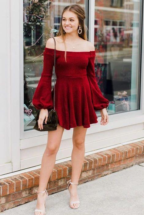 A-Line Norah Off-the-Shoulder Homecoming Dresses Long Sleeves Short Dark Red Velvet CD9623