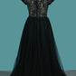 V Neck Short Sleeves A Line Evening Dresses Tulle & Lace Sweep Train
