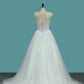 A Line Tulle Scoop Wedding Dresses With Applique Sweep Train
