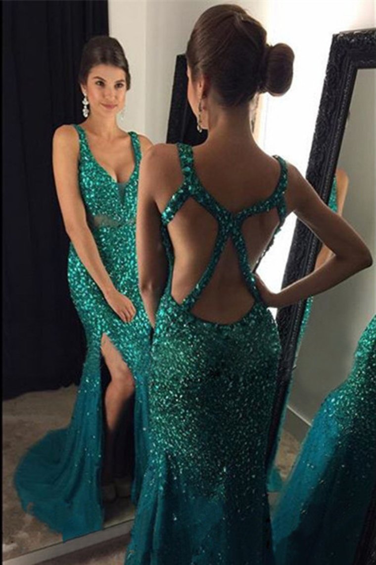 Tulle Straps With Beads And Slit Prom Dresses Mermaid Open Back