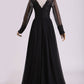 Black Evening Dresses Long Sleeves A Line Chiffon With Applique & Slit