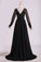Black Evening Dresses Long Sleeves A Line Chiffon With Applique & Slit