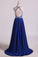 A Line Prom Dresses Halter Beaded Bodice Open Back Sweep Train Chiffon & Tulle Dark Royal Blue