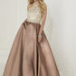 A Line Scoop Satin Prom Dresses With Beads Sweep Train