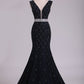 Lace Prom Dresses V Neck Mermaid With Beading Court Train Open Back