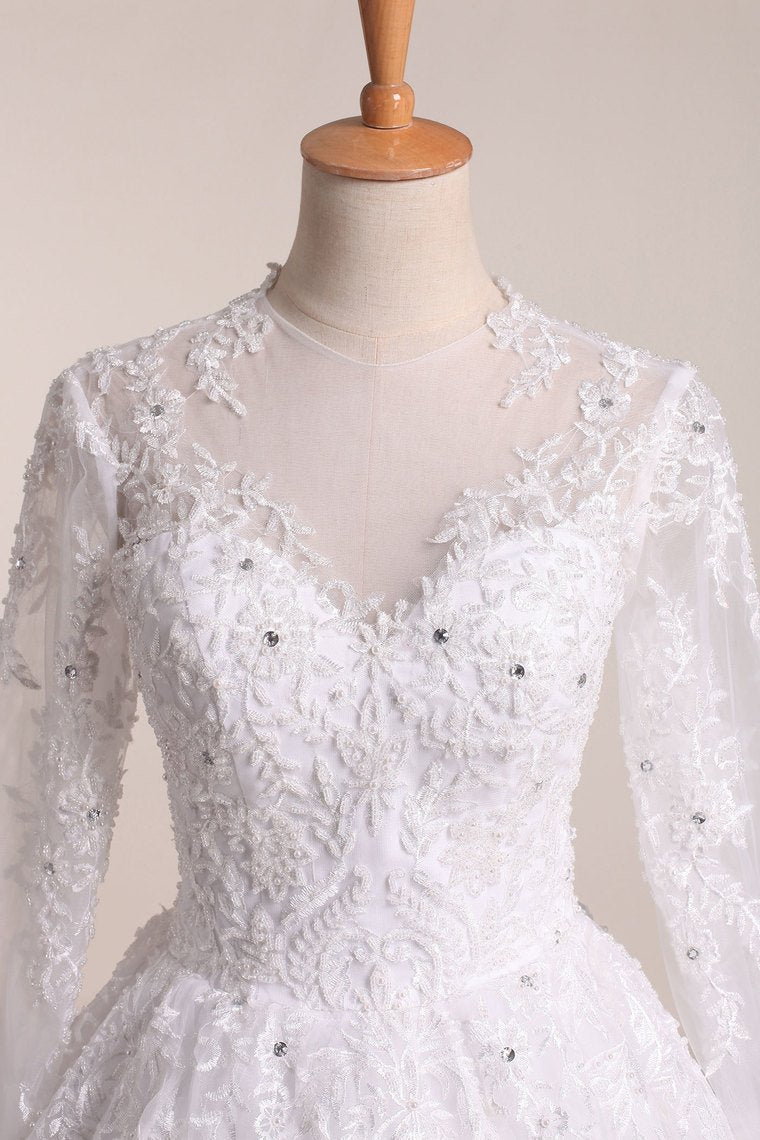 2024 Long Sleeves Scoop Wedding Dresses A Line With Applique And Beads Tulle