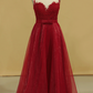 Burgundy/Maroon Prom Dresses Scoop A Line With Sash And Applique