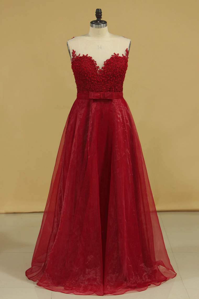 Burgundy/Maroon Prom Dresses Scoop A Line With Sash And Applique