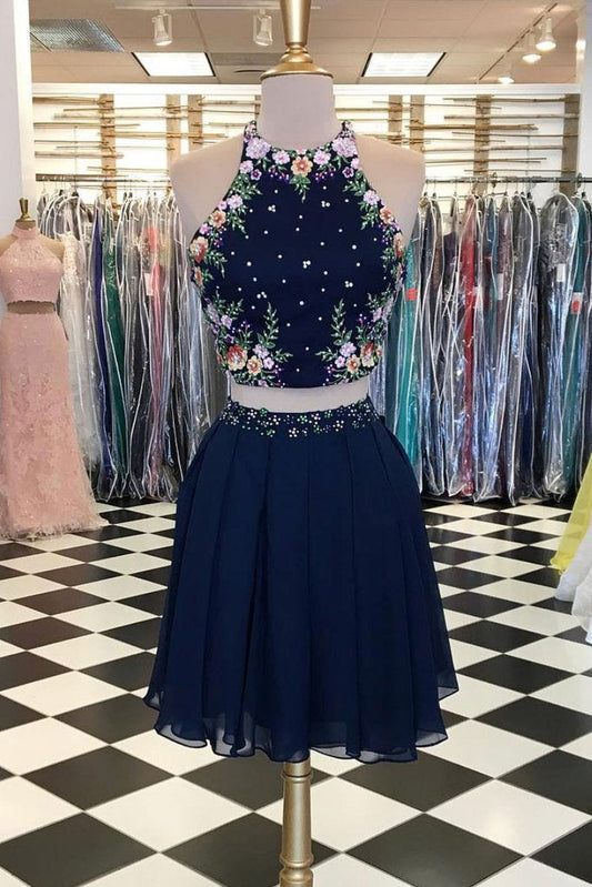 Unique Dark Blue Two Piece Short Prom Dress Halter Flowers Chiffon Homecoming Dresses