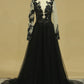 Tulle Scoop Long Sleeves A Line Prom Dresses With Slit And Applique