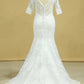 Mermaid Wedding Dresses V-Neck 3/4 Sleeves Court Train Tulle V-Back With Covered Button
