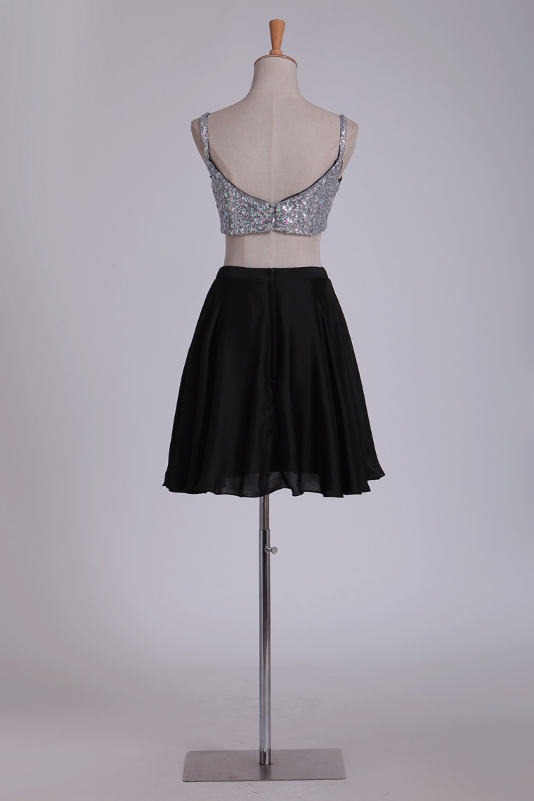 Black Two-Piece Homecoming Dresses Beaded Bodice A-Line Chiffon