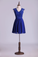 Dark Royal Blue V-Neck Cocktail Dresses Tulle And Chiffon With Applique & Ribbon