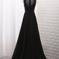 New Arrival Scoop A Line Prom Dresses With Applique And Slit