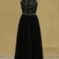 A Line High Neck Prom Dresses Tulle With Beading Floor Length