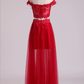 Hot Two Pieces Prom Dresses Tulle A Line With Applique Red