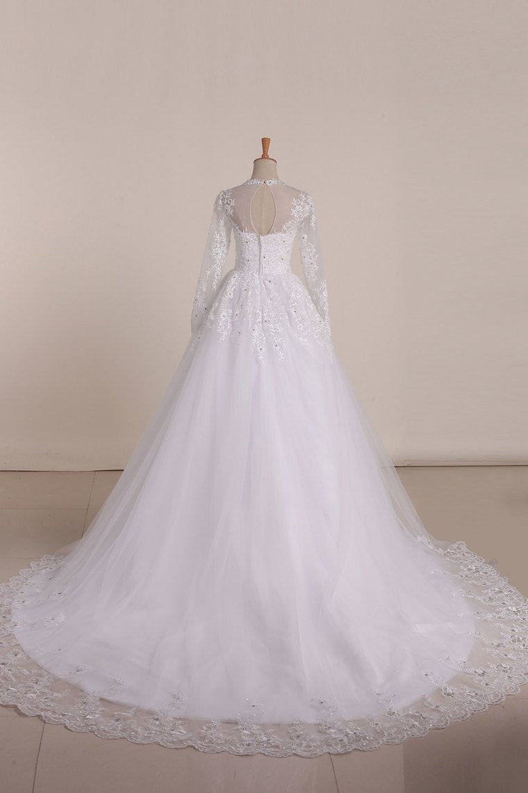 2024 Long Sleeves Scoop Wedding Dresses A Line With Applique And Beads Tulle