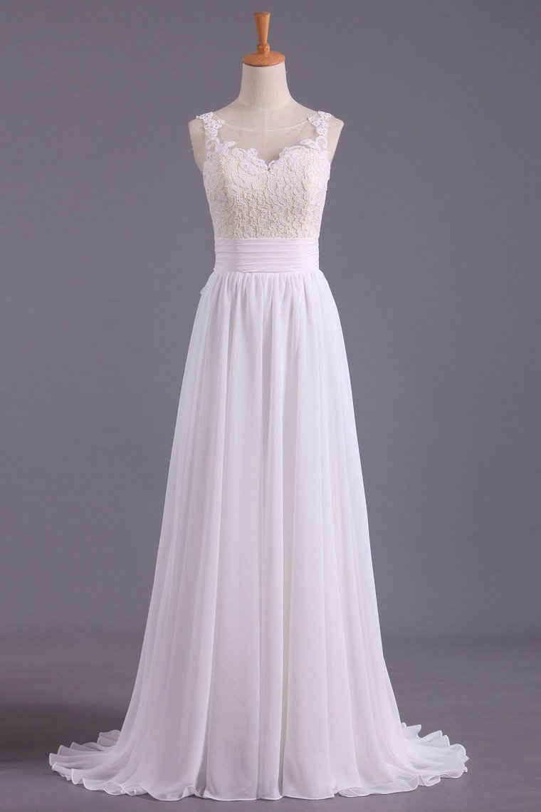 Sexy Open Back Scoop With Applique And Sash Wedding Dresses A Line Chiffon Sweep Train