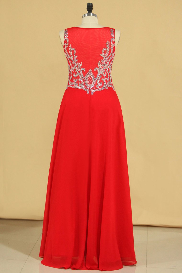 Red Plus Size V Neck Beaded Bodice Chiffon & Tulle A Line Prom Dresses