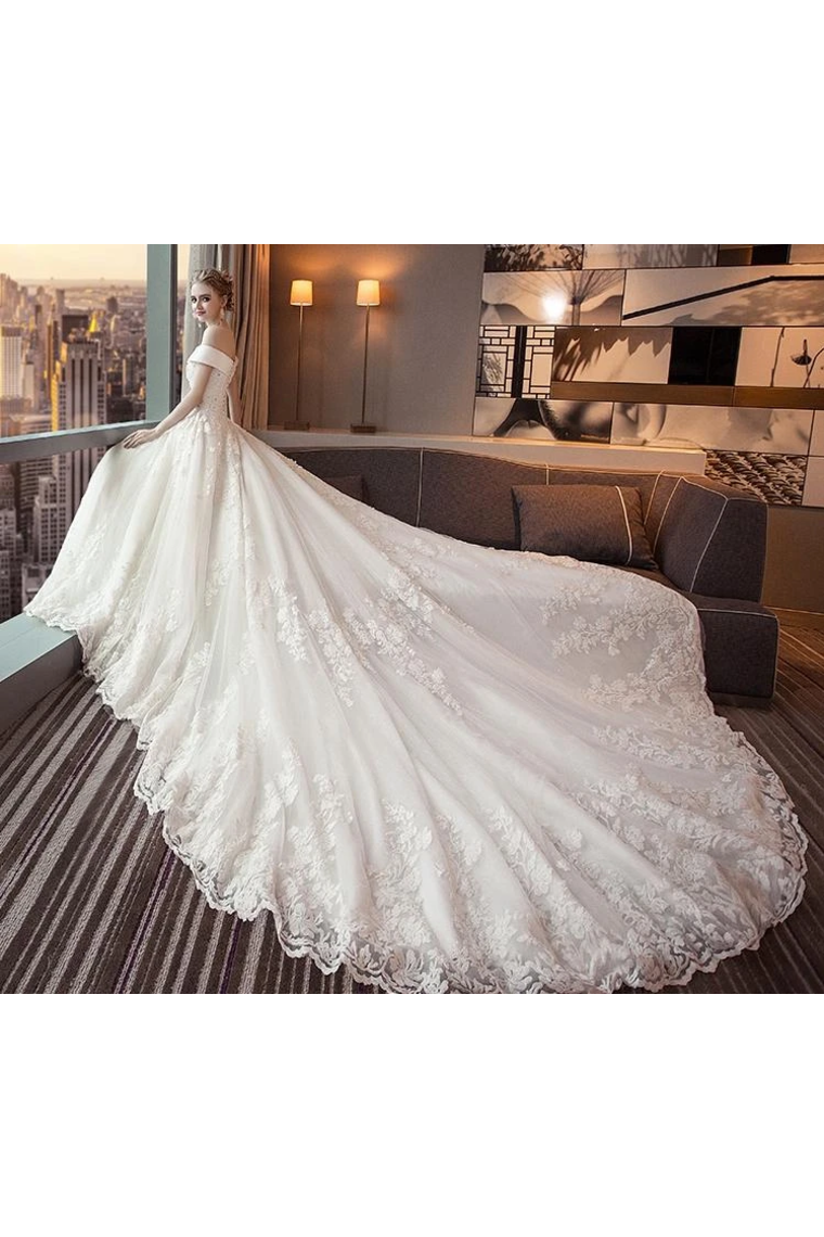 Gorgeous Off The Shoulder Lace Cathedral Train Wedding Dresses Princess Bridal SRSPT58L82L