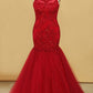 Plus Size Open Back Scoop Prom Dresses Mermaid With Applique And Beads Tulle