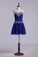 Sweetheart A Line Prom Dresses Tulle Short With Beading Lace Up Dark Royal Blue