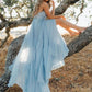 A Line Sky Blue Rustic Chiffon Deep V Neck Slit Prom Dresses Beach Wedding Dresses
