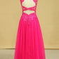 A Line Open Back Scoop Prom Dresses Tulle With Applique & Beading Floor Length