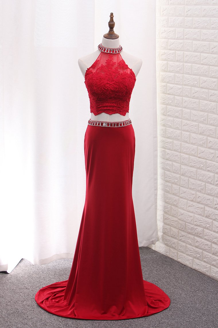 Two Pieces High Neck Spandex Prom Dresses With Applique And Beads Sweep Train