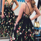 Spaghetti Strap Black Prom Dresses Floral Formal Dress Evening Dresses