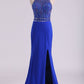Open Back Prom Dresses Scoop Spandex With Beading And Slit Sweep Train