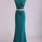 Two Pieces High Neck Sheath Prom Dresses With Applique And Beads