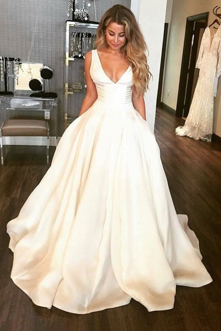 V Neck Open Back A Line Satin With Ruffles Wedding Dresses