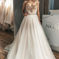 A-Line Crystals Long Wedding Dress With Champagne Ribbon Beads&Rhinestones