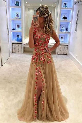 Unique Champagne Tulle Applique Long with Slit Sleeveless Floor Length Prom Dresses JS773