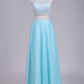 Two Pieces Scoop Prom Dresses A Line Tulle With Beads Floor Length