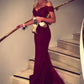 Off The Shoulder Prom Dresses Spandex Burgundy/Maroon Sweep Train With Applique