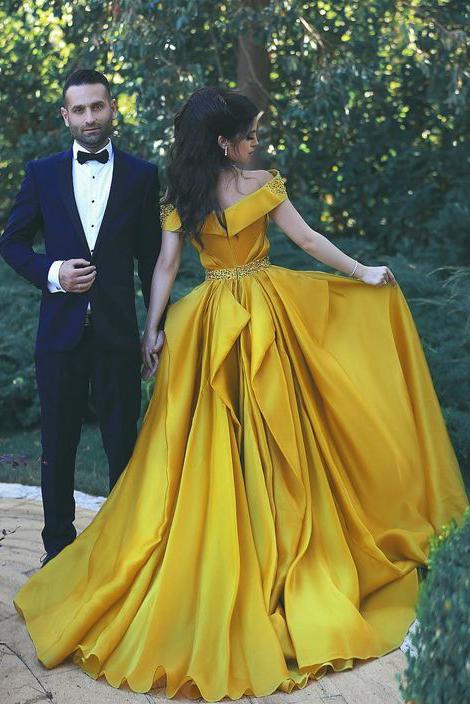 Stylish A-Line Off-Shoulder Yellow Chiffon Evening Dress with Beads Prom Dresses JS457