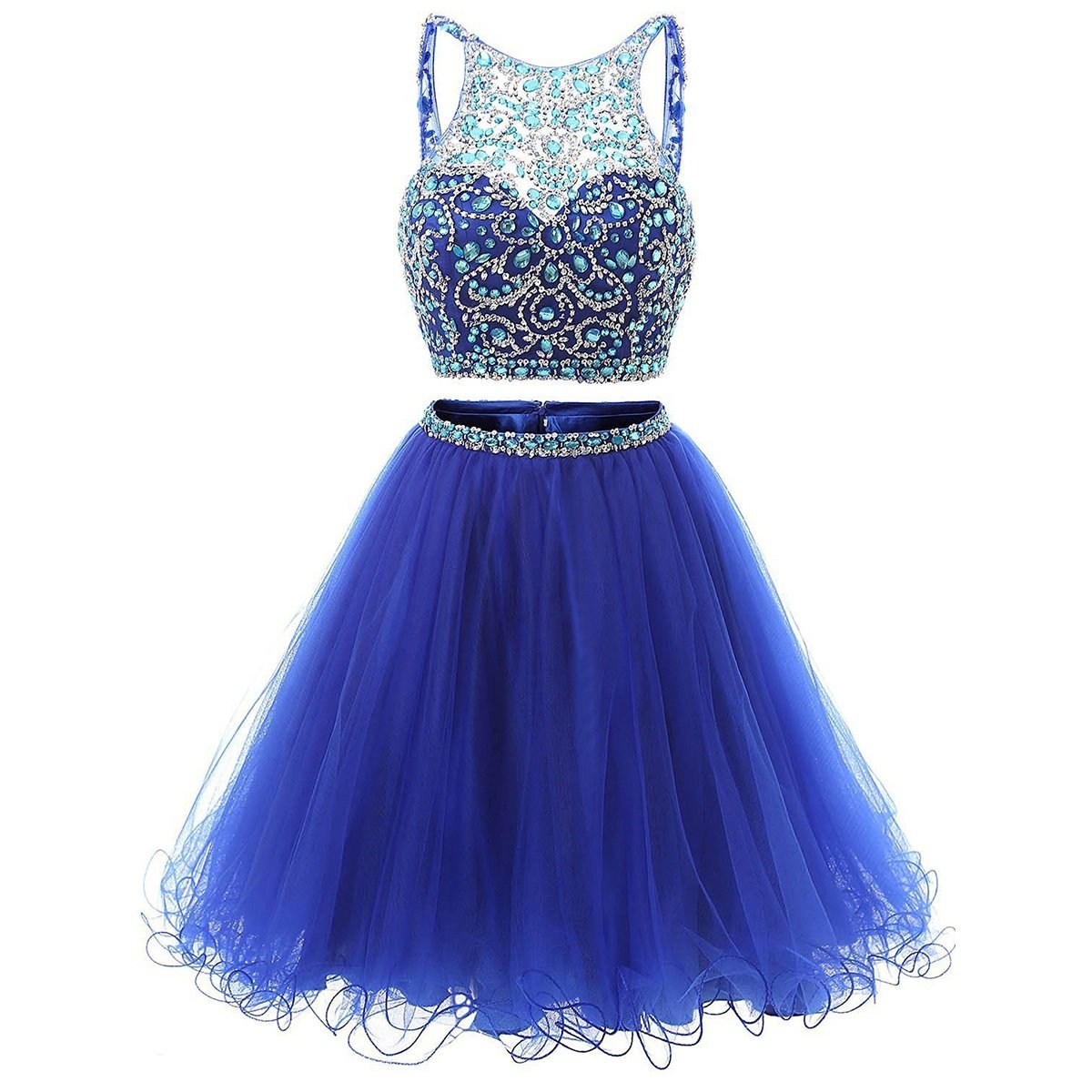 Jewel Neck Illusion Sequins Crystal Shining Two Piece Low Back Royal Blue Tulle Homecoming Dress JS877