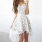 White High Low Spaghetti Hollow Lace V-Neck Sweetheart Homecoming Dress JS188