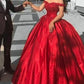 Ball Gown Off the Shoulder Red Satin Lace up Quinceanera Dresses with Appliques JS101