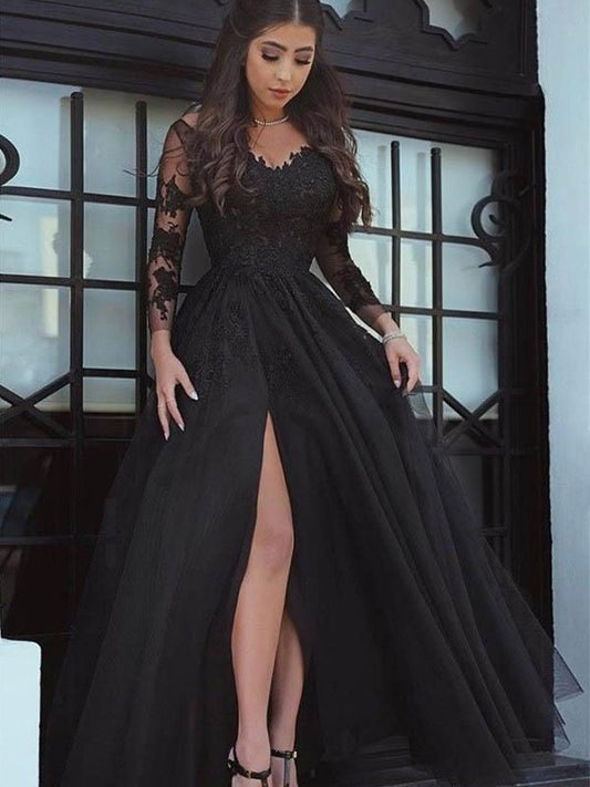 Ball Floor-Length Long Off-the-Shoulder Gown Sleeves Tulle Applique Dresses