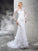 Long Long Sheer Neck Sheath/Column Hand-Made Flower Sleeves Satin Wedding Dresses