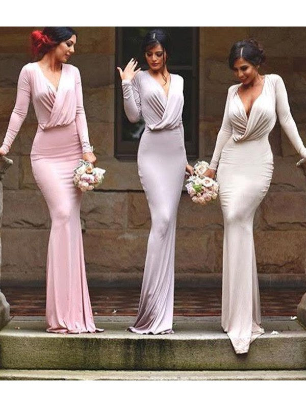 Sleeveless Sheath/Column V-neck Floor-Length Jersey Bridesmaid Dresses