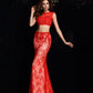Lace Scoop Sheath/Column Woven Satin Long Elastic Sleeveless Two Piece Dresses