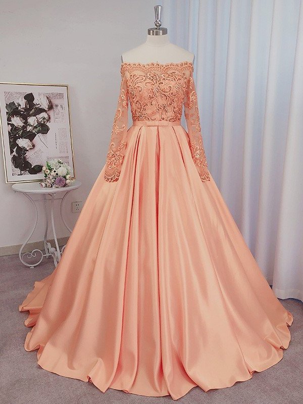 Long Satin Ball Sleeves Gown Off-the-Shoulder Beading Court Train Dresses